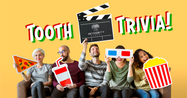 People holding funny cutout pieces sitting on a couch with the words Tooth Trivia floating above them.