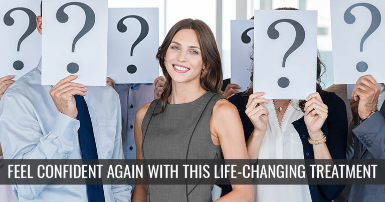 feel confident again with this life changing treatment over a woman standing in a crowd of people hiding their faces behind question mark posters
