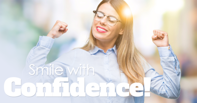 Triumphant woman with the text, "Smile with confidence" overlayed